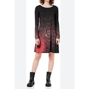 Desigual Knit Jersey Paisley Ombré Dress M Black Grey Red